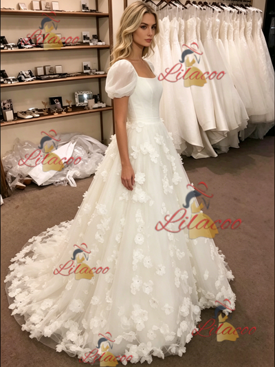 White Tulle Puff Sleeve Flower Wedding Dress