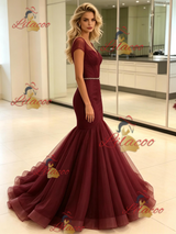 Burgundy Mermaid Tulle Cap Sleeve Prom Dress