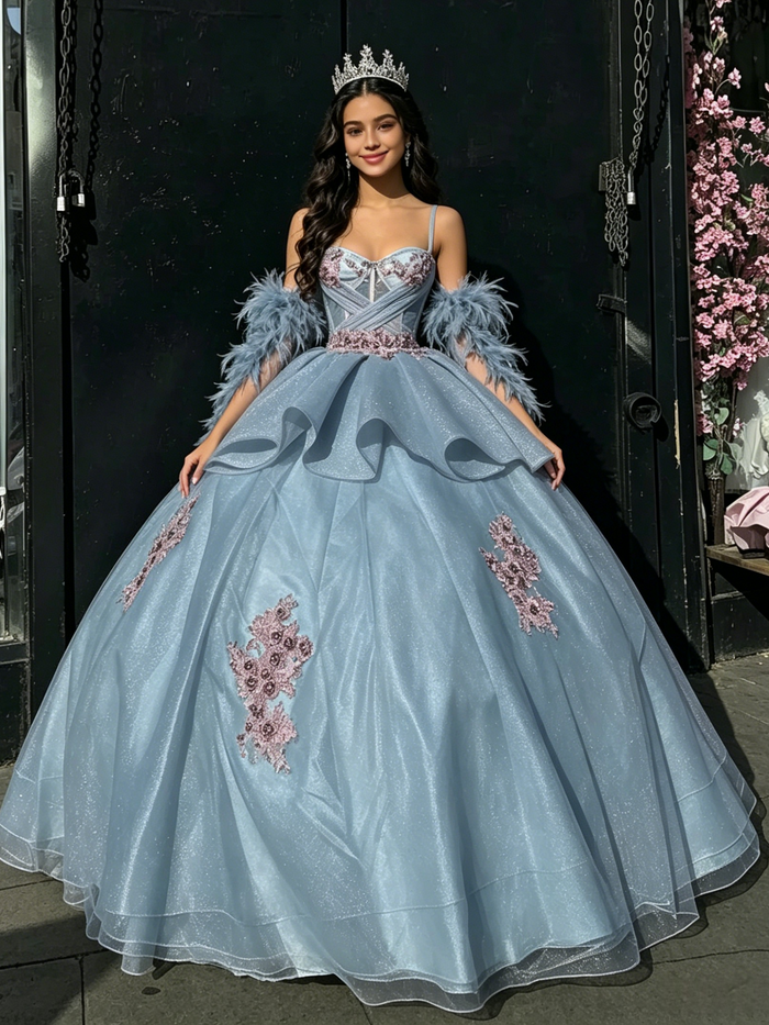 Blue Tulle Appliques Straps Quinceanera Dress