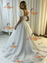 White Sequins Puff Sleeve Wedding Dress
