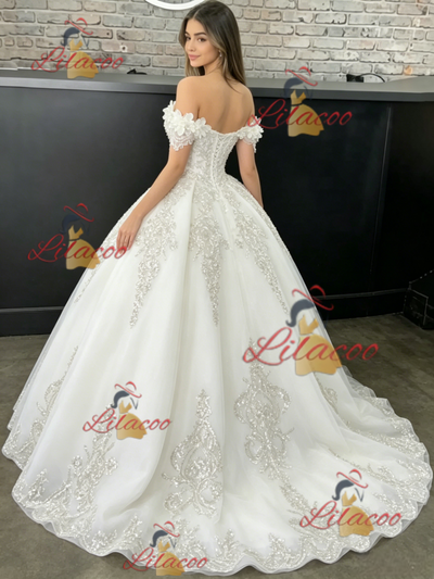 White Tulle Off the Shoulder Flower Quinceanera Dress