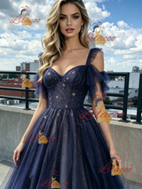 Tulle Sequins Straps Beading Prom Dress