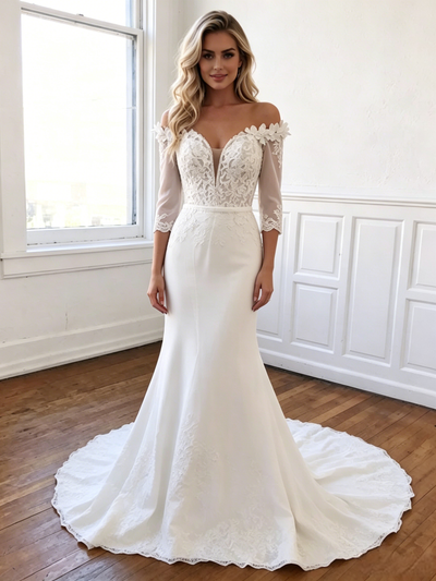 White Mermaid Off the Shoulder Appliques Wedding Dress
