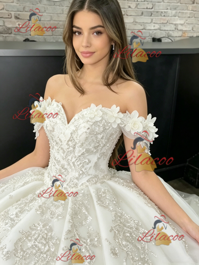 White Tulle Off the Shoulder Flower Quinceanera Dress