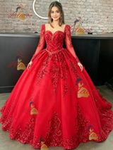 Red Long Sleeve Tulle Sequins Quinceanera Dress