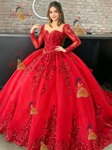 Red Long Sleeve Tulle Sequins Quinceanera Dress