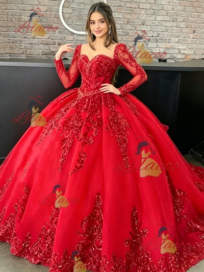 Red Long Sleeve Tulle Sequins Quinceanera Dress