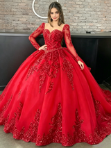 Red Long Sleeve Tulle Sequins Quinceanera Dress