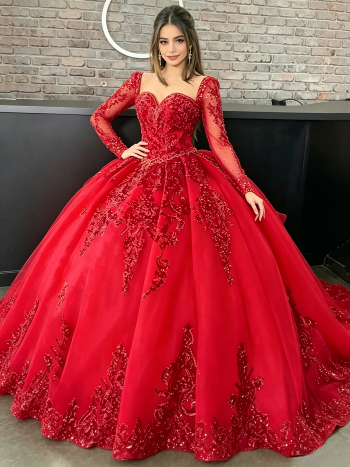 Red Long Sleeve Tulle Sequins Quinceanera Dress