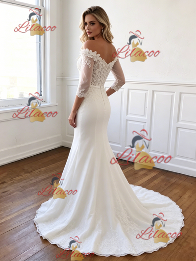 White Mermaid Off the Shoulder Appliques Wedding Dress