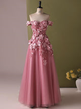 Pink Tulle Off the Shoulder 3D Flower Prom Dress