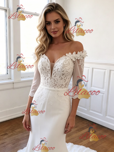 White Mermaid Off the Shoulder Appliques Wedding Dress