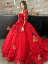 Red Long Sleeve Tulle Sequins Quinceanera Dress