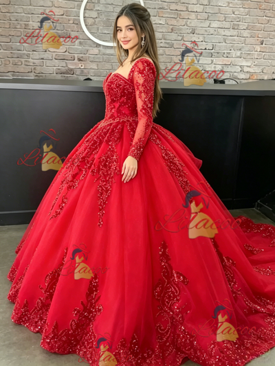 Red Long Sleeve Tulle Sequins Quinceanera Dress