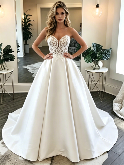 White Satin Strapless Lace Wedding Dress