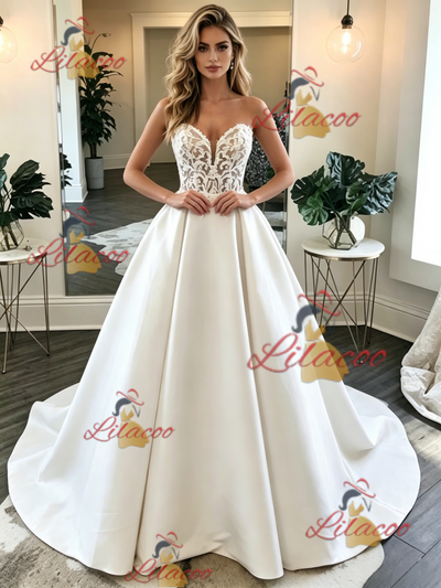 White Satin Strapless Lace Wedding Dress
