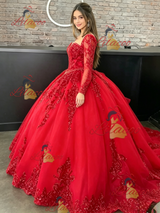 Red Long Sleeve Tulle Sequins Quinceanera Dress