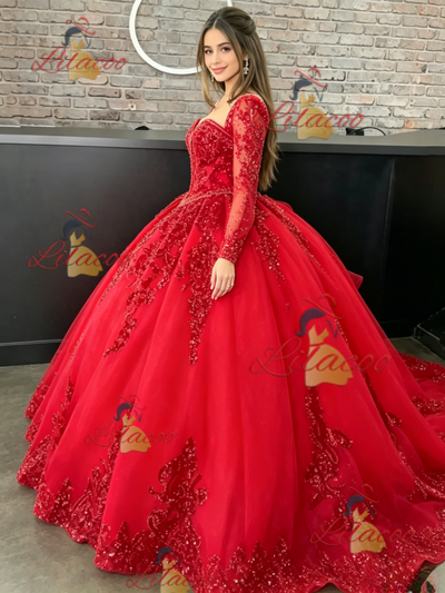 Red Long Sleeve Tulle Sequins Quinceanera Dress