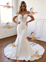 White Mermaid Straps Appliques Wedding Dress