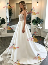 White Satin Strapless Lace Wedding Dress