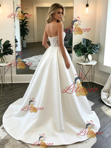 White Satin Strapless Lace Wedding Dress