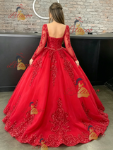 Red Long Sleeve Tulle Sequins Quinceanera Dress