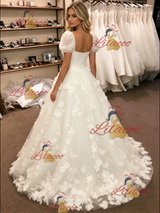 White Tulle Puff Sleeve Flower Wedding Dress