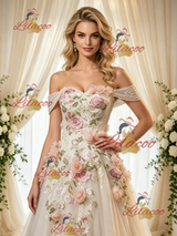 Ivory Tulle Off the Shoulder Appliques Wedding Dress