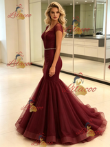 Burgundy Mermaid Tulle Cap Sleeve Prom Dress