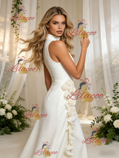 White Sheath Satin High Neck Flower Wedding Dress