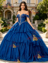 Blue Tulle Off the Shoulder Beading Quinceanera Dress