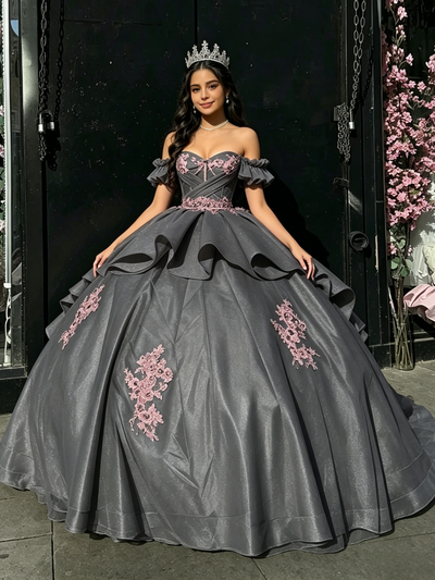 Gray Tulle Off the Shoulder Appliques Quinceanera Dress