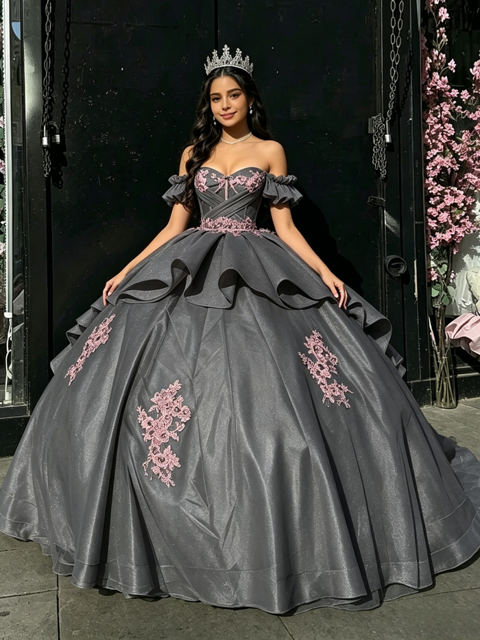 Gray Tulle Off the Shoulder Appliques Quinceanera Dress