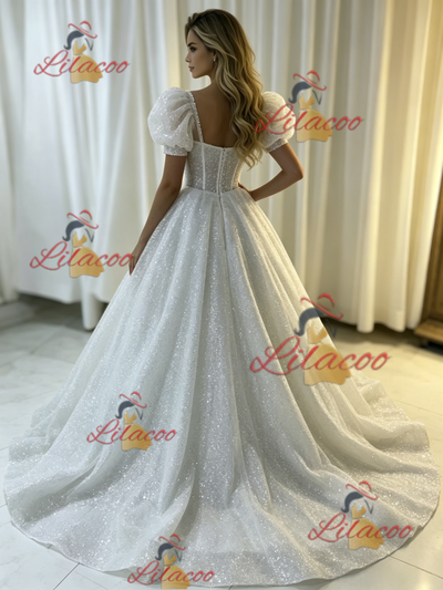 White Sequins Puff Sleeve Wedding Dress