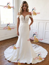 White Mermaid Straps Appliques Wedding Dress