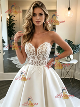 White Satin Strapless Lace Wedding Dress