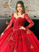 Red Long Sleeve Tulle Sequins Quinceanera Dress
