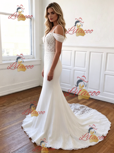 White Mermaid Straps Appliques Wedding Dress