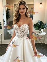 White Satin Strapless Lace Wedding Dress