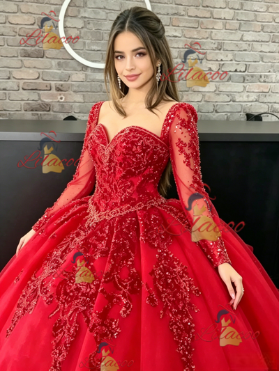 Red Long Sleeve Tulle Sequins Quinceanera Dress