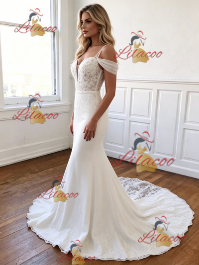White Mermaid Straps Appliques Wedding Dress