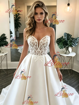 White Satin Strapless Lace Wedding Dress