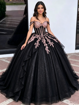 Black Tulle Off the Shoulder Appliques Quinceanera Dress