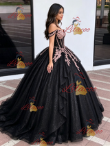 Black Tulle Off the Shoulder Appliques Quinceanera Dress