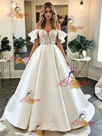 White Satin Lace Off the Shoulder Wedding Dress