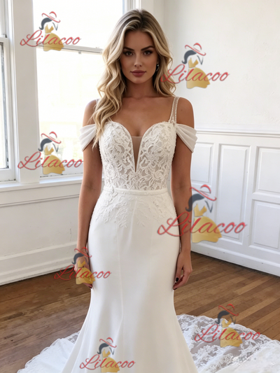 White Mermaid Straps Appliques Wedding Dress