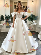 White Satin Lace Off the Shoulder Wedding Dress