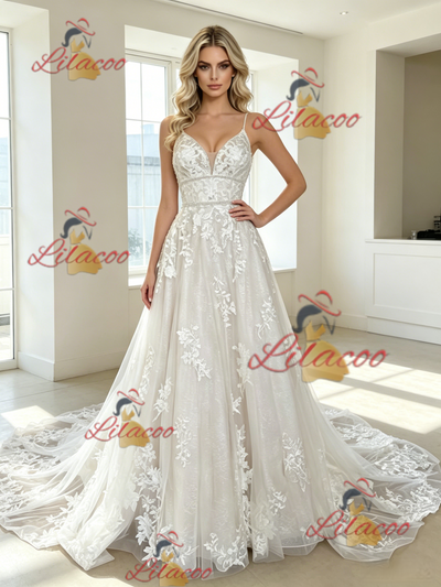 White Tulle Lace Appliques Wedding Dress