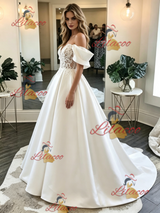 White Satin Lace Off the Shoulder Wedding Dress