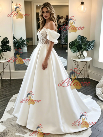 White Satin Lace Off the Shoulder Wedding Dress